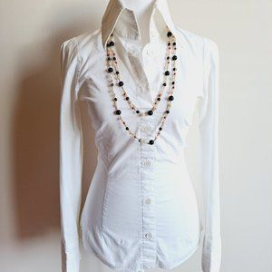 Woman's Long Necklace with Natural Pearl Black Onyx Silk thread